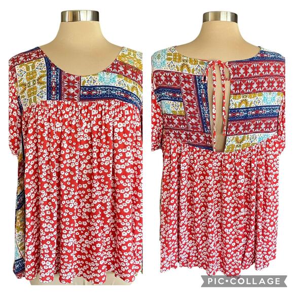 Easel Multiprint Boho Top Relaxed Fit MEDIUM Peasant Casual Spring Summer Gypsy - Picture 1 of 9